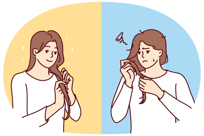 Unhappy woman examines problematic hair and smiling girl is pleased with own hairstyle  Illustration