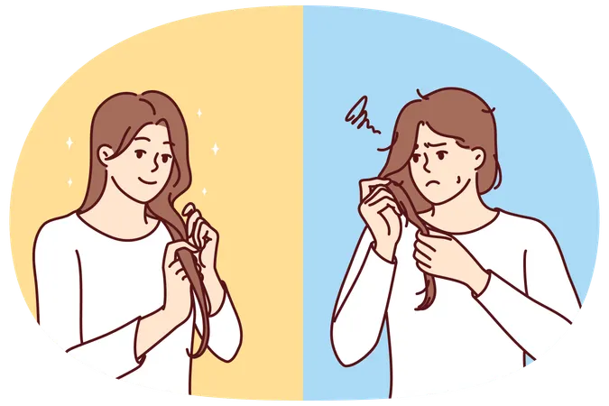 Unhappy woman examines problematic hair and smiling girl is pleased with own hairstyle  Illustration