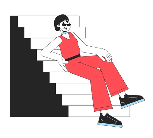 Unhappy Woman Falls From Stairs Flat Line Color Vector Character Editable Outline Full Body Girl Touch Back Injury On White Simple Cartoon Spot Illustration For Web Graphic Design Illustration