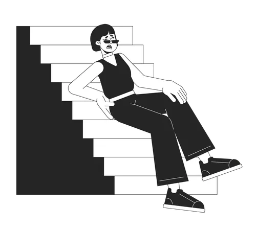 Unhappy Woman Falls From Stairs Flat Line Black White Vector Character Editable Outline Full Body Girl Touch Back Injury On White Simple Cartoon Isolated Spot Illustration For Web Graphic Design Illustration