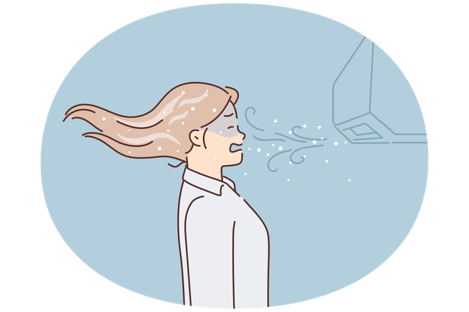 Unhappy woman freeze near air conditioner  Illustration
