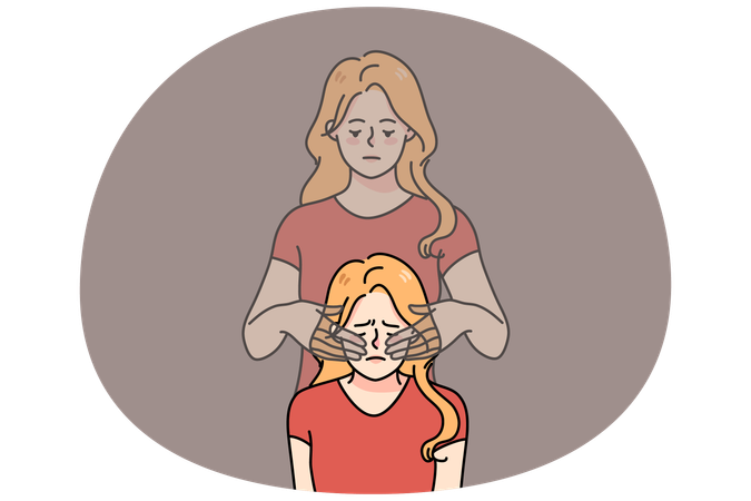 Unhappy woman have eyes covered by ghost hands  Illustration