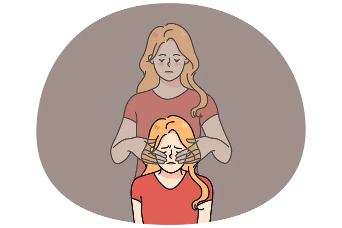 Unhappy woman have eyes covered by ghost hands  Illustration