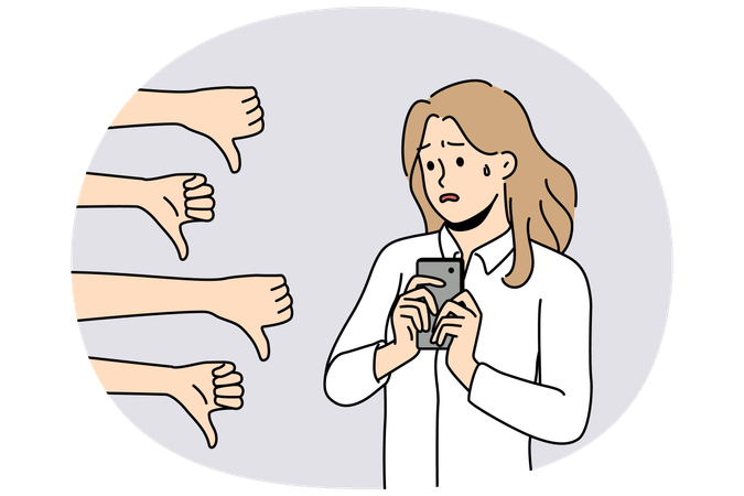 Unhappy woman hold cellphone distressed with negative comments  Illustration