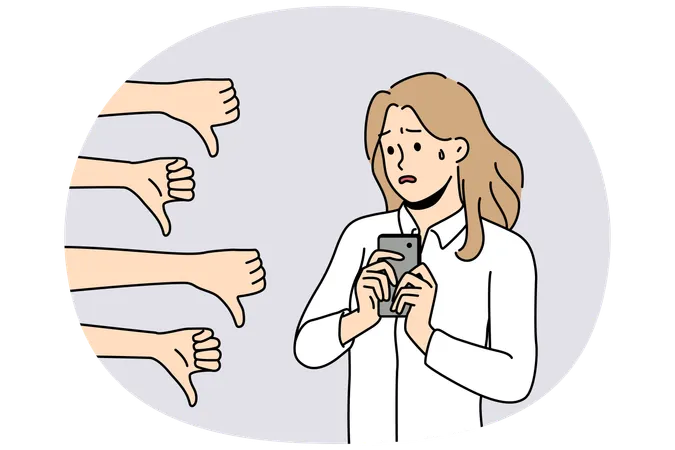 Unhappy woman hold cellphone distressed with negative comments  Illustration