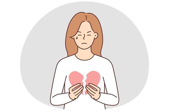 Unhappy woman holding broken heart suffer from relationship split  Illustration