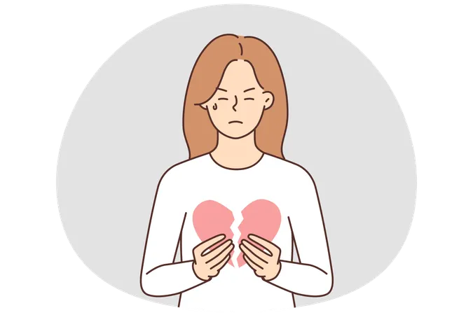 Unhappy woman holding broken heart suffer from relationship split  Illustration