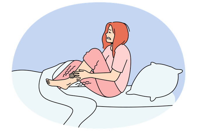夜ベッドでむずむず脚症候群に悩む不幸な女性  イラスト