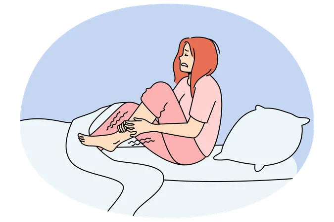 夜ベッドでむずむず脚症候群に悩む不幸な女性  イラスト