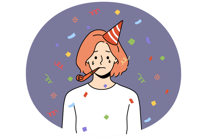 Unhappy woman in birthday hat celebrate birthday alone  Illustration