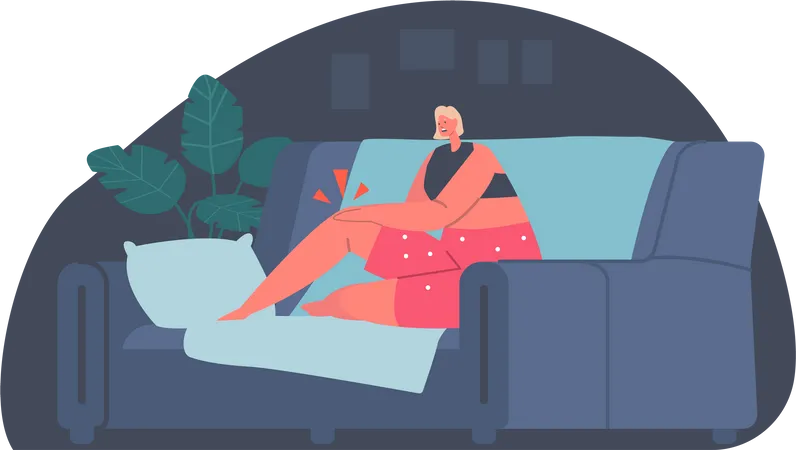 Unhappy Woman in Pajama Sitting in Sofa Feeling Cramps in Knees  Illustration