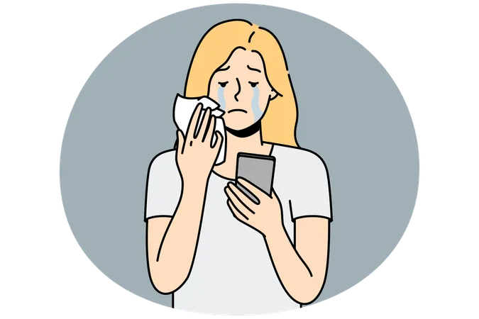 Unhappy woman look at cell screen crying  Illustration