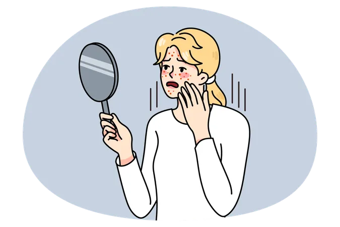 Unhappy woman look in mirror worrying about acne  Illustration
