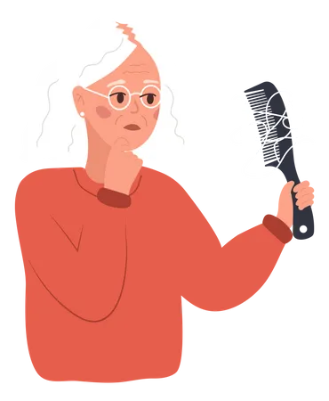 Alopecia Concept Sad Elderly Woman Loses Her Hair Baldness Disease And Problems Of The Scalp Unhappy Female Character With Hair Brush Vector Illustration In Flat Cartoon Style Illustration