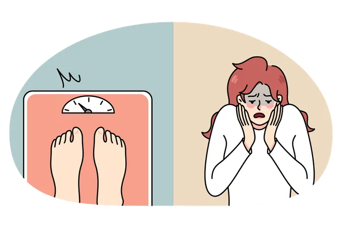 Unhappy woman on scales shocked with weight  Illustration