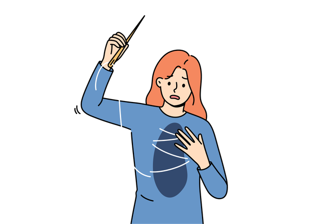 Unhappy woman sews up friend in chest while using thread and needle to get rid of mental pain  Illustration