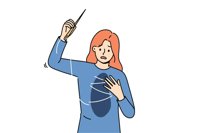 Unhappy woman sews up friend in chest while using thread and needle to get rid of mental pain  Illustration