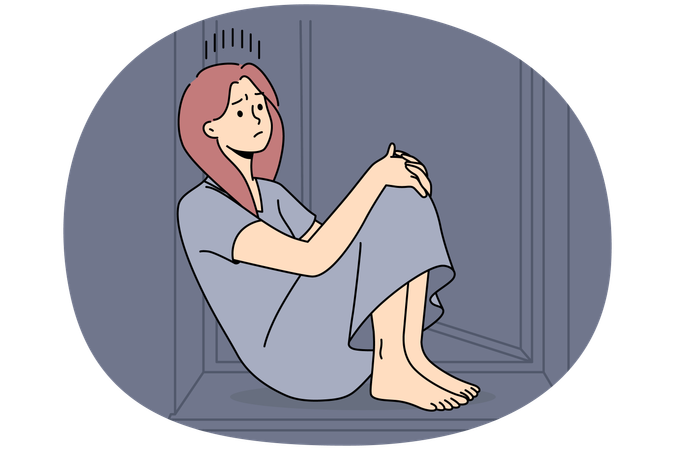 Unhappy woman sit on windowsill suffer from loneliness  Illustration