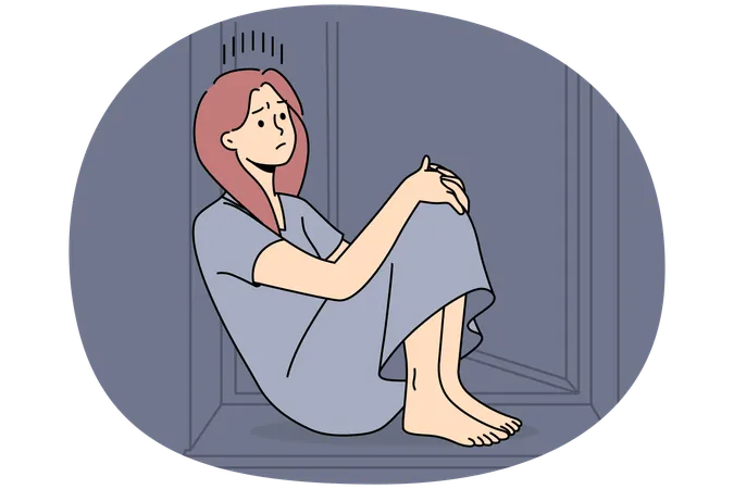 Unhappy woman sit on windowsill suffer from loneliness  Illustration