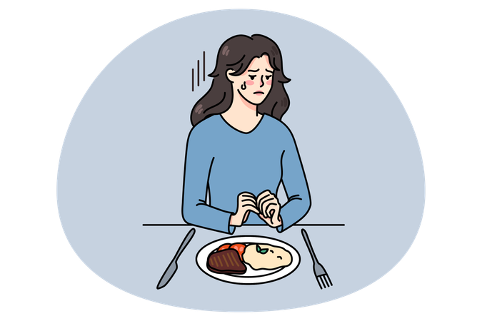 Unhappy woman sit with dish plate suffer from eating disorder  Illustration