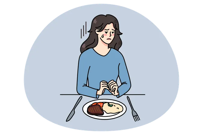 Unhappy woman sit with dish plate suffer from eating disorder  Illustration