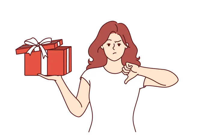Woman With Gift In Hands Is Nervous And Points Finger Down Due To Poor Quality Of Present Girl Is Holding Gift Tied With Ribbon And Is Embarrassed Feeling Offended Because Of Unacceptable Surprise Illustration