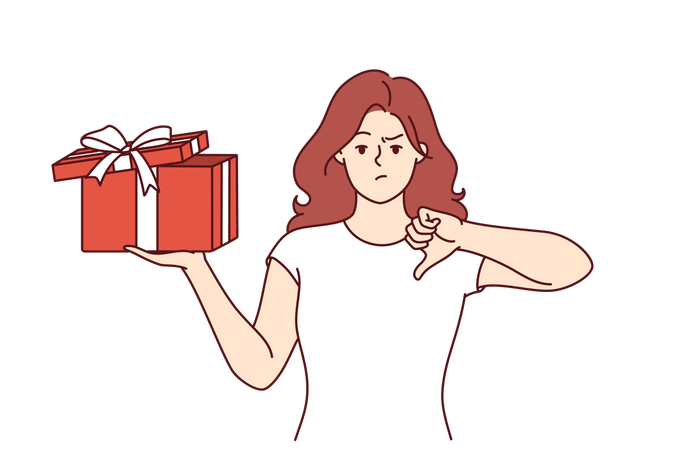 Unhappy woman standing with gift  Illustration