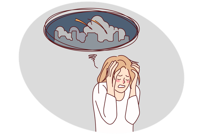 Unhappy woman stressed about rocket attacks on city  Illustration