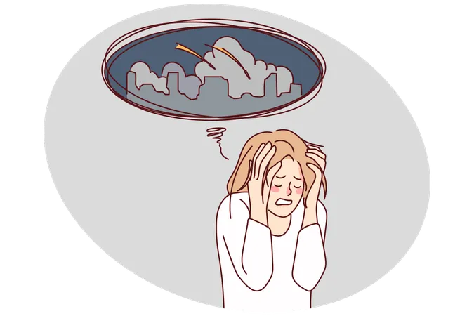 Unhappy woman stressed about rocket attacks on city  Illustration