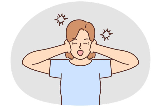 Unhappy woman suffer from excessive noise  Illustration