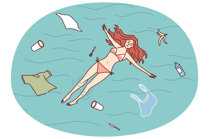 Unhappy woman swimming in polluted ocean  Illustration