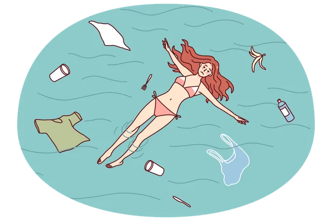 Unhappy woman swimming in polluted ocean  Illustration