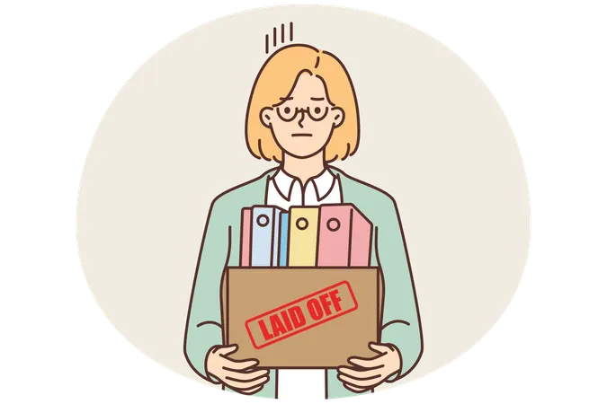オフィスから解雇された箱を持った不幸な女性  イラスト