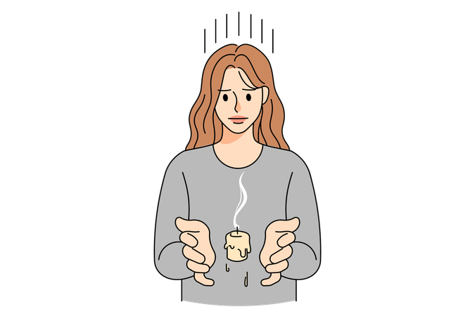 Unhappy woman with burnt candle suffer from burnout  Illustration