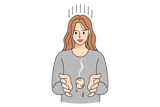 Unhappy woman with burnt candle suffer from burnout  Illustration