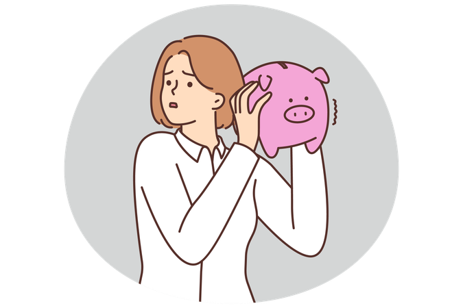 Unhappy woman with piggybank stressed with finances  Illustration