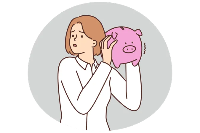 Unhappy woman with piggybank stressed with finances  Illustration