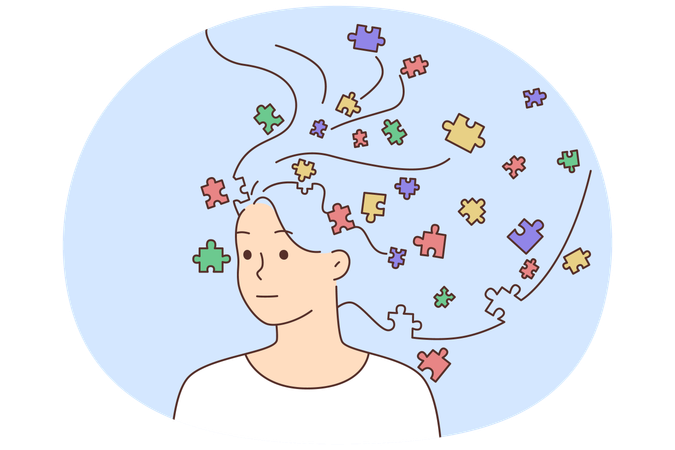 Unhappy woman with puzzles in head suffer from personality disorder  Illustration