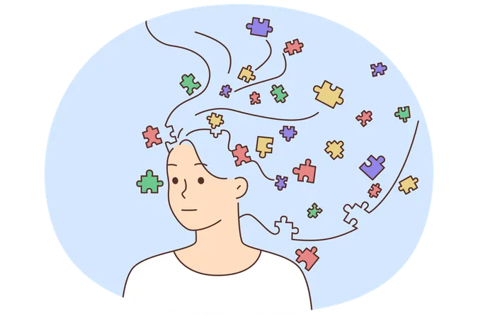 Unhappy woman with puzzles in head suffer from personality disorder  Illustration
