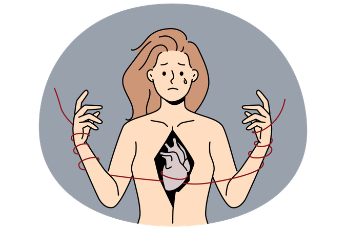 Unhappy woman with ripped chest suffer from broken heart  Illustration