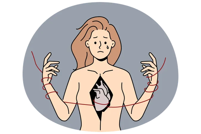 Unhappy woman with ripped chest suffer from broken heart  Illustration
