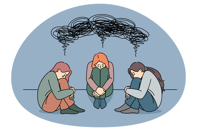 Unhappy women feel stressed sad suffer from mental or psychological problems  Illustration