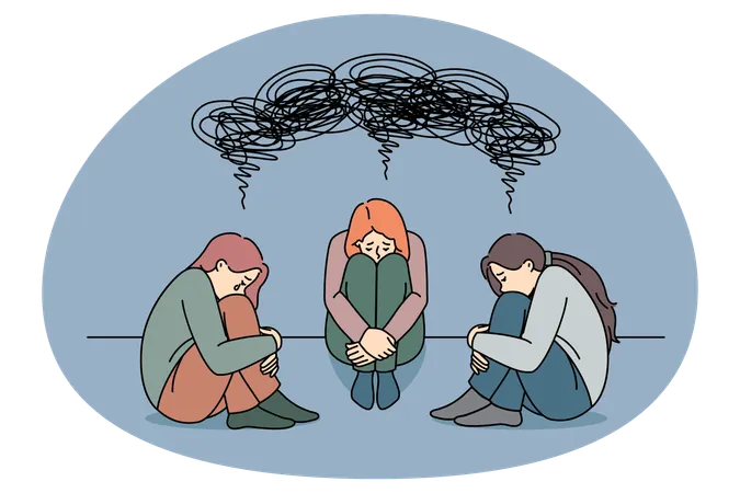 Unhappy women feel stressed sad suffer from mental or psychological problems  Illustration