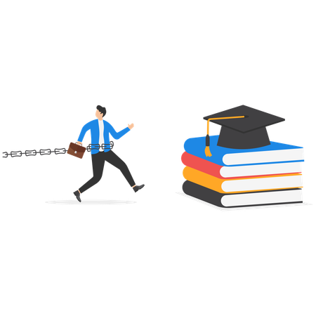 Unhappy young man chained to large loan and crawls towards diploma and graduate hat  Illustration