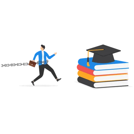 Unhappy young man chained to large loan and crawls towards diploma and graduate hat  Illustration