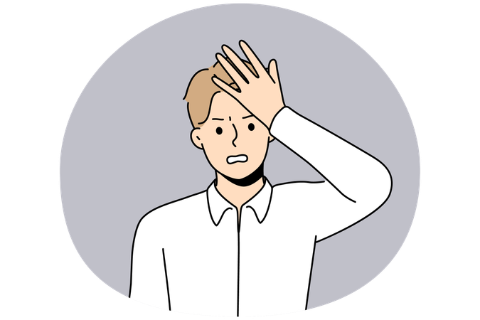 Unhappy young man make hand gesture remembering or forgetting something  Illustration