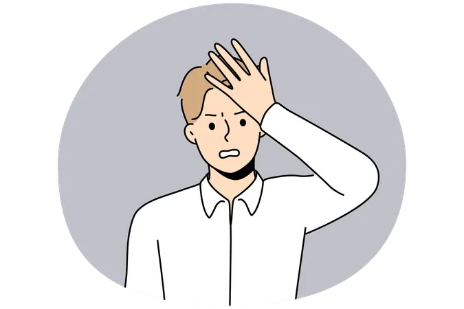 Unhappy young man make hand gesture remembering or forgetting something  Illustration