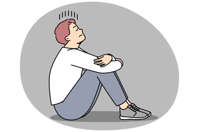 Unhappy young man sit on floor suffer from loneliness and repetitive thoughts  Illustration