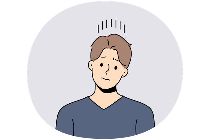 Unhappy young man suffer from repetitive thoughts in head.  Illustration
