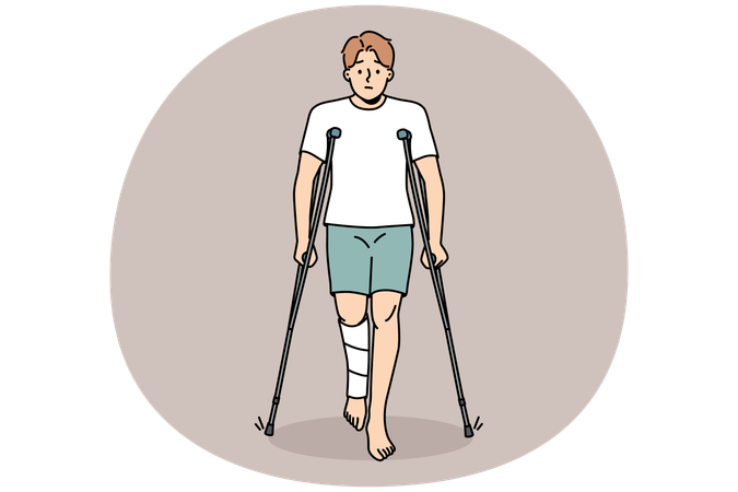 Unhappy young man with leg injury walking on crutches  Illustration